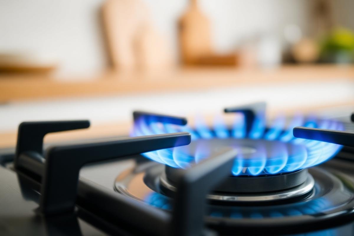 Chama azul acesa em um fogão de cozinha moderna