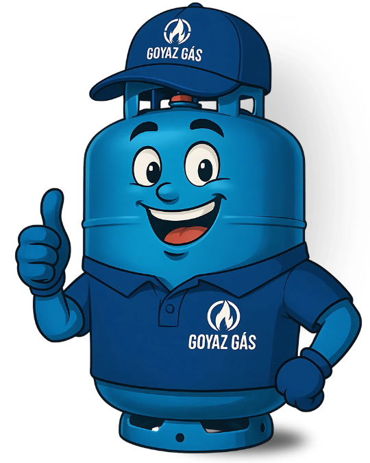 Mascote da Goyaz Gás em forma de botijão sorrindo com o polegar para cima