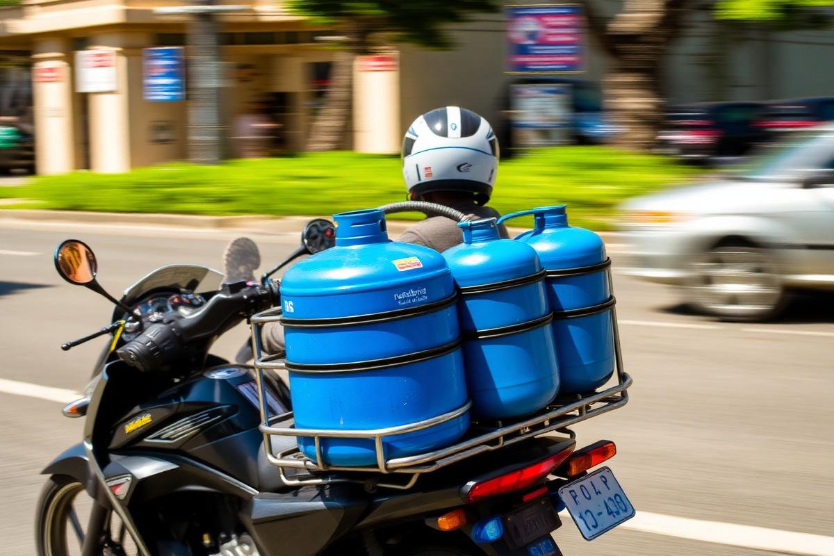 Moto de entrega carregando botijões de gás azuis pela cidade